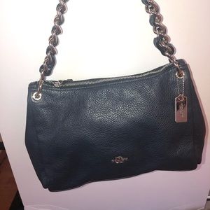 Coach Bag. Navy Blue Leather W/ Silver colored Zipper Close & Chain Strap.